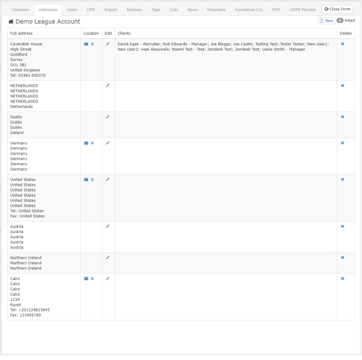 Admin Panel - Addresses Tab
