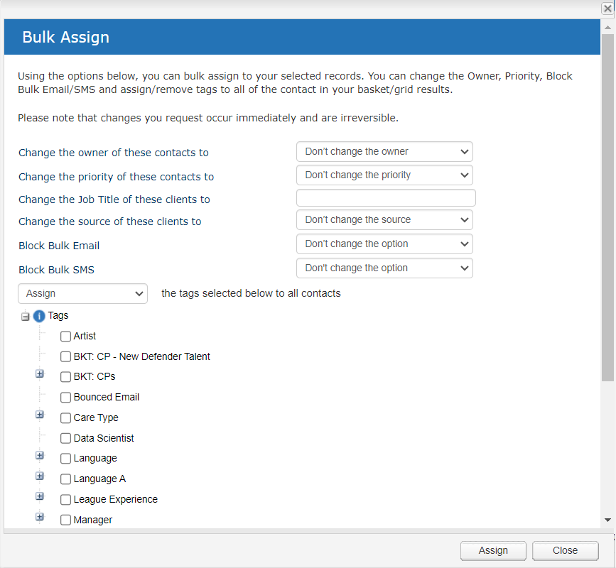 Add or Remove Tags Using Bulk Assign in Baskets and Shortlists